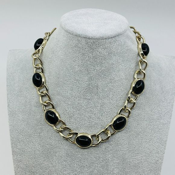 Banana Republic Necklace Black Cabochon Acrylic Chain Link Gold Tone Jewelry - Picture 1 of 8